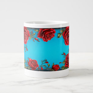Caneca De Café Grande Moldura de Rosas Vermelhas com Folhas Verdes Decor