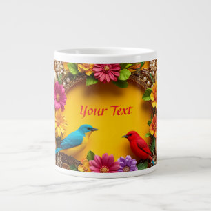 Caneca De Café Grande Moldura Floral Colorida com Pássaros Vibrantes
