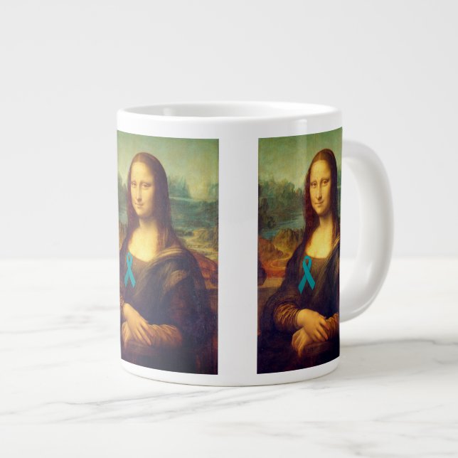 Caneca De Café Grande Mona Lisa Com Fita Teal (Frente Esquerda)