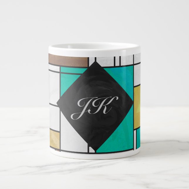 Caneca De Café Grande Mondrian Brown Yellow Teal Impressão (Frente)