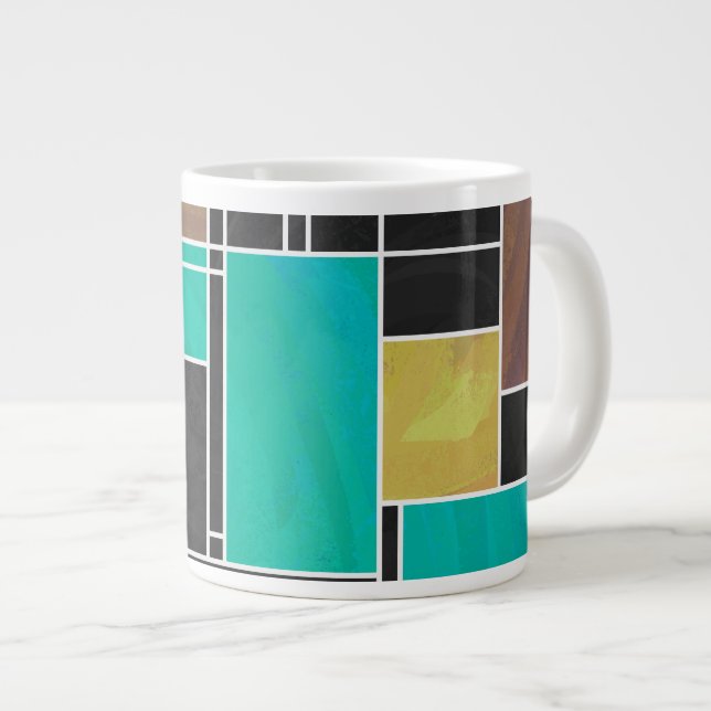 Caneca De Café Grande Mondrian Teal Brown Impressão (Frente Esquerda)