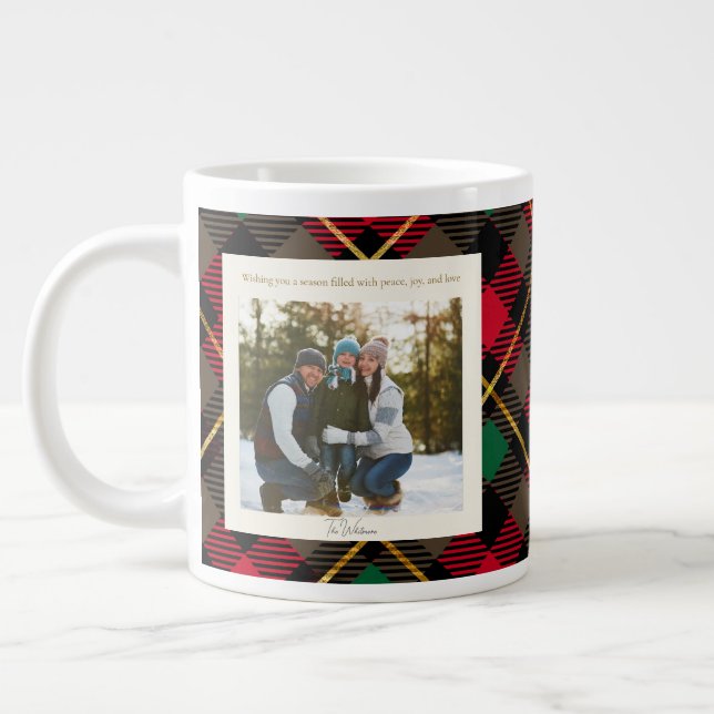 Caneca De Café Grande Monogram 2 Photo Rustic Green Red Plaid Christmas (Esquerda)