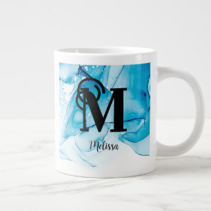 Caneca De Café Grande Monograma Azul Moderno Marcado