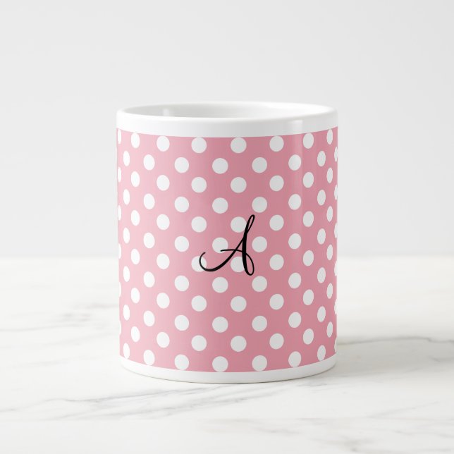 Caneca De Café Grande Monograma branco rosa Bolinhas (Frente)