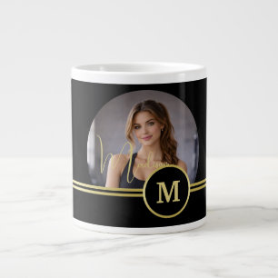 Caneca De Café Grande Monograma de Assinatura em Ouro Elegante com Foto