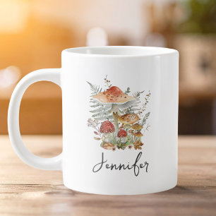 Caneca De Café Grande Monograma de Folhas de Samambaia e Cogumelo Vintag