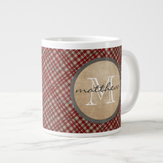 Caneca De Café Grande Monograma de fundo da Xadrez vermelha