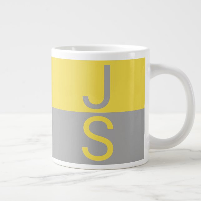 Caneca De Café Grande Monograma de Iniciais Modernas Amarelo e Cinza (Direita)