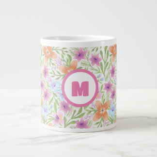 Caneca De Café Grande Monograma de Padrão de Aquarela de Flor Primavera 