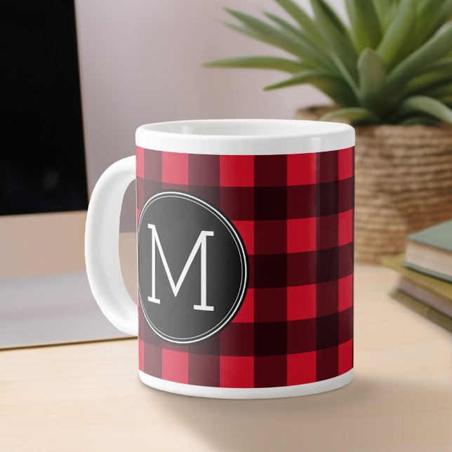 Caneca De Café Grande Monograma do Padrão Rustic Red & Black Buffalo Xad (Personalized mug)