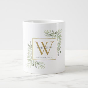 Caneca De Café Grande Monograma Dourado Elegante Modernidade Verde