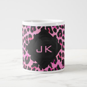Caneca De Café Grande Monograma Estampa Onça Preto e Rosa Neon