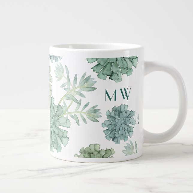 Caneca De Café Grande Monograma | Felicidade vegetal | Padrão Suculente (Direita)