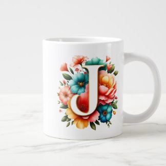 Caneca De Café Grande Monograma Floral J com Flores Pastel