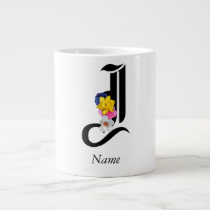 Caneca De Café Grande Monograma Floral Personalizado J + Nome