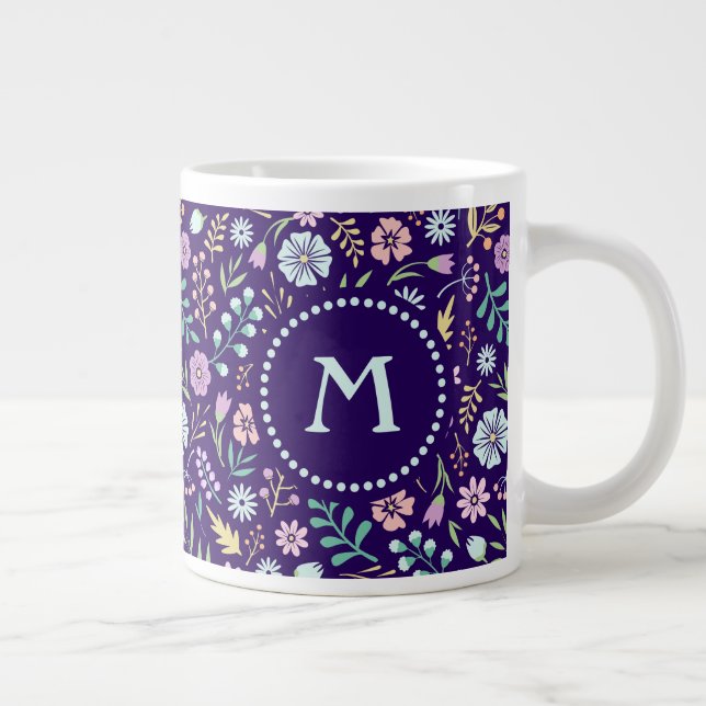 Caneca De Café Grande Monograma Floral Whimsical Boho Pattern Jumbo Mug (Direita)
