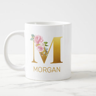 Caneca De Café Grande Monograma Inicial Floral Botânico Personalizado