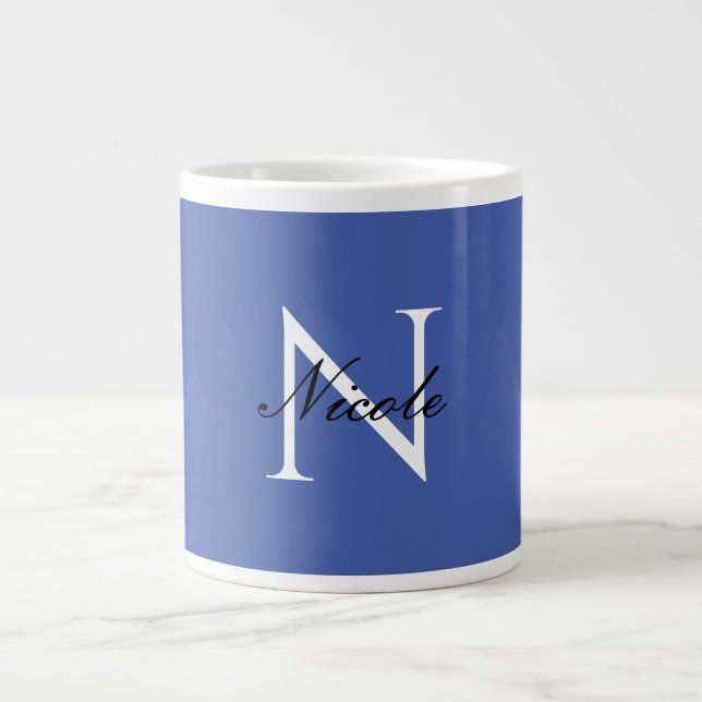 Caneca De Café Grande Monograma Inicial Nome Próprio Manuscrito Azul (Frente)