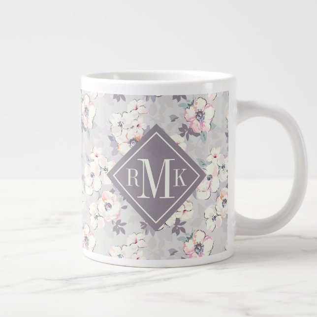 Caneca De Café Grande Monograma| Padrão de Aquarela Rosa Suave (Direita)