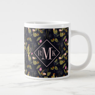 Caneca De Café Grande Monograma  Padrão De Cactus De Verão Escuro
