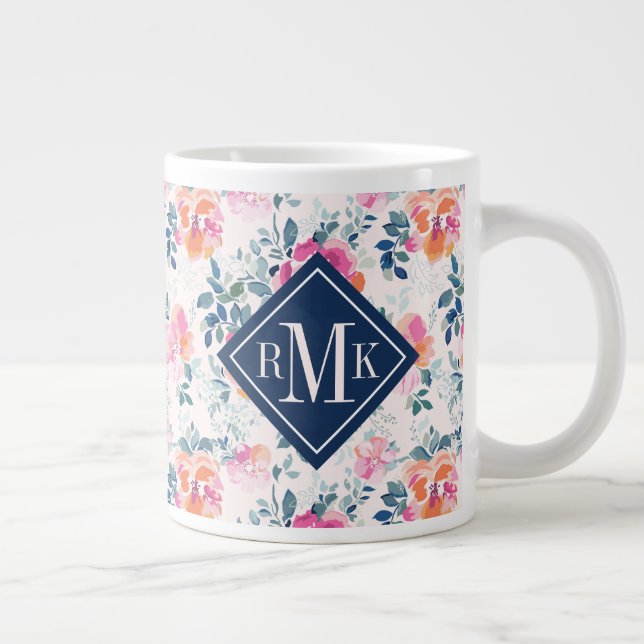 Caneca De Café Grande Monograma| Padrão de Rosas pintados (Direita)