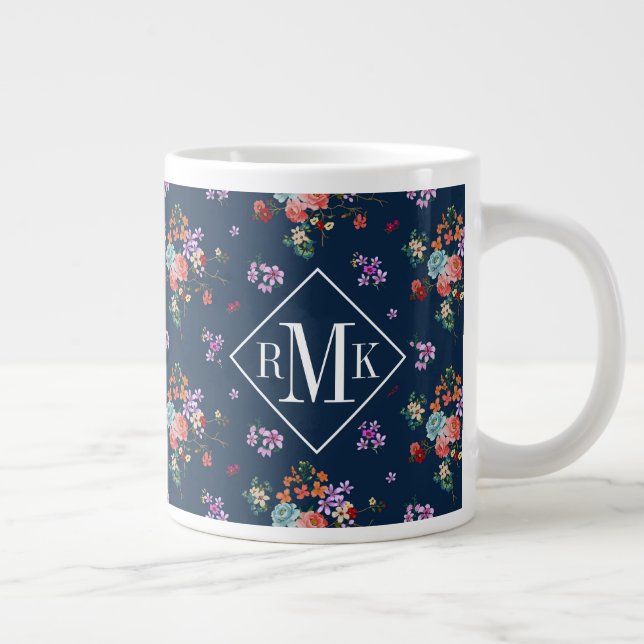 Caneca De Café Grande Monograma| Padrão Floral Rose Bouquet (Direita)