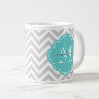 Caneca De Café Grande Monograma Personalizado de cinza e Turquesa Chevro