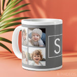 Caneca De Café Grande Monograma Personalizado de Colagem de Fotografias<br><div class="desc">Você pode usar fotos para este design. Use 8 fotos quadradas para criar um presente exclusivo e pessoal. Ou você pode ficar com o filhote hipster e fazer uma moda. Se precisar ajustar as fotos,  clique na ferramenta personalizar para fazer alterações.</div>