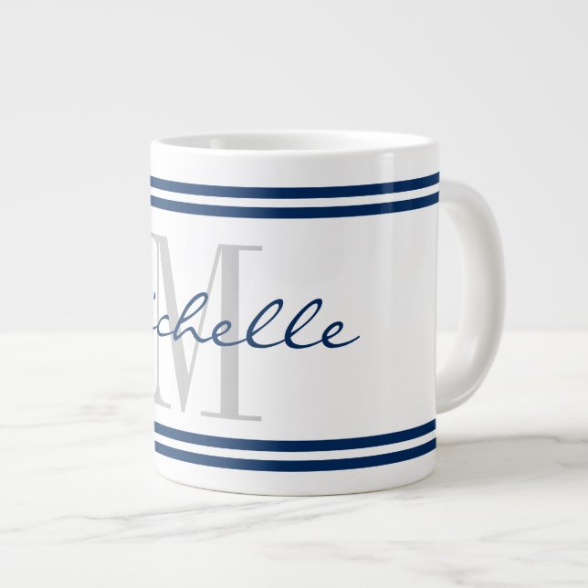 Caneca De Café Grande Monograma personalizado de faixa azul marinho náut (Frente Esquerda)