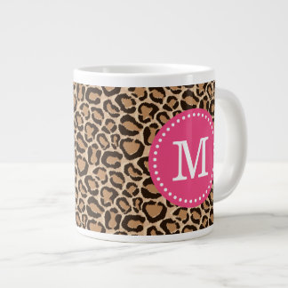 Caneca De Café Grande Monograma Personalizado de Impressão Rosa e Leopar