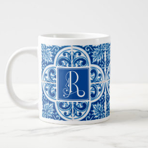 Caneca De Café Grande Monograma R, Design Azulejo Azul Clássico