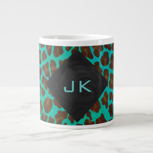 Caneca De Café Grande Monograma Teal e Brown Leopardo