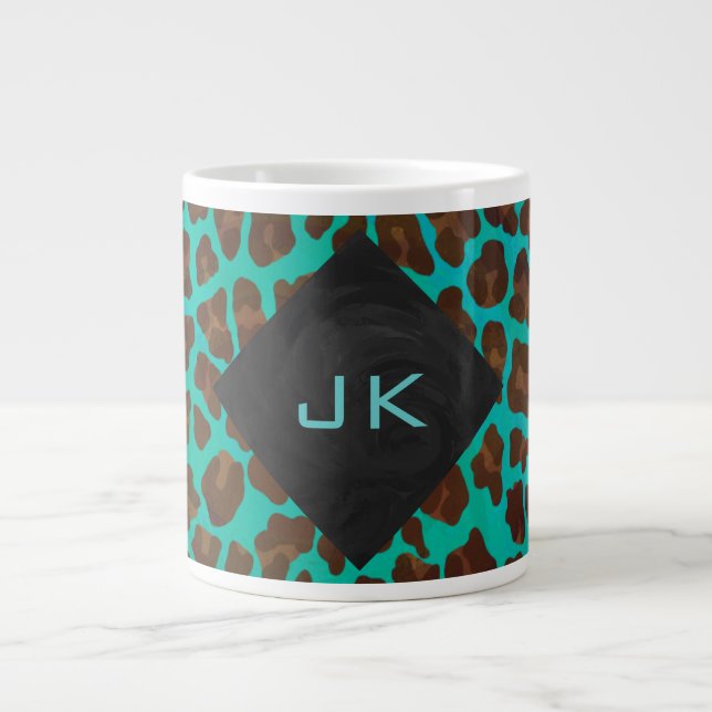 Caneca De Café Grande Monograma Teal e Brown Leopardo (Frente)