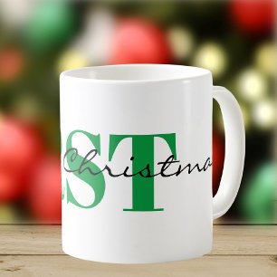 Caneca De Café Grande Monograma Verde e Feliz Natal Clássico