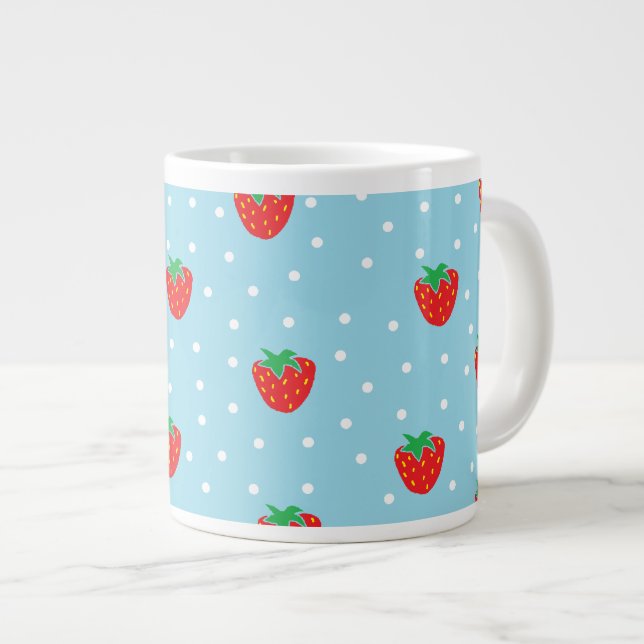 Caneca De Café Grande Morangos e Bolinhas Azul (Frente Esquerda)