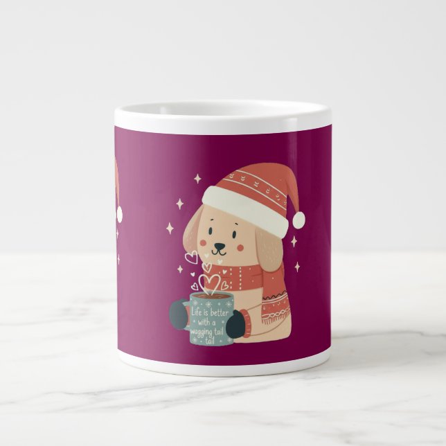 Caneca De Café Grande Mug Chien de Noël Bonnet Écharpe Pastel - Life is  (Frente)