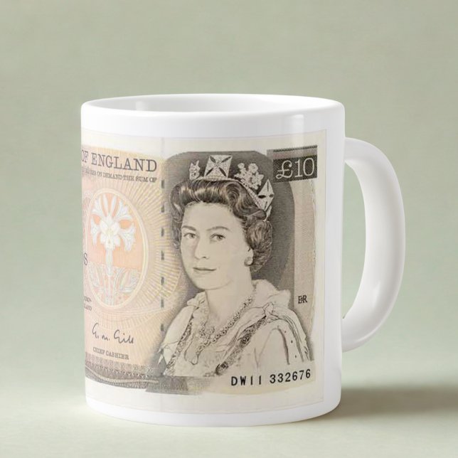 Caneca De Café Grande Mug com imagem de 1975 £ 10 Note | Rainha Elizabet (Criador carregado)