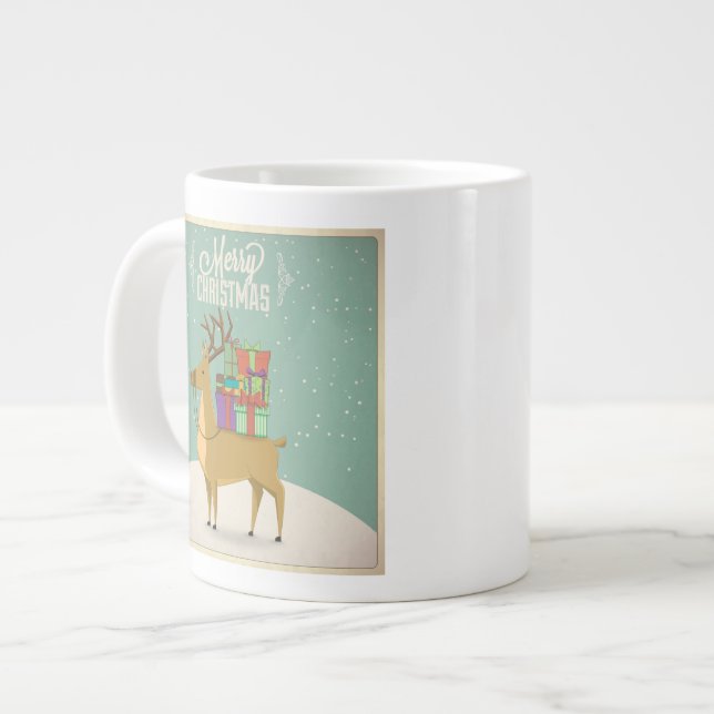 Caneca De Café Grande Mug de Natal Retroativo - Raindeer com presentes (Frente Esquerda)