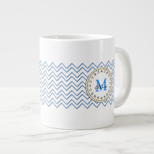 Caneca De Café Grande Mug de padrão Chevron azul branco (Frente Esquerda)