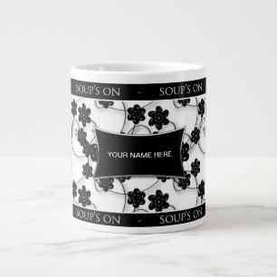 CANECA DE CAFÉ GRANDE MÚG DE SOPA JUMBO - DESIGN FLORAL PRETO E BRANCO