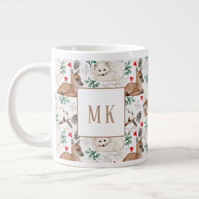 Caneca De Café Grande Mug gigante, animais florestais com monograma (Esquerda)