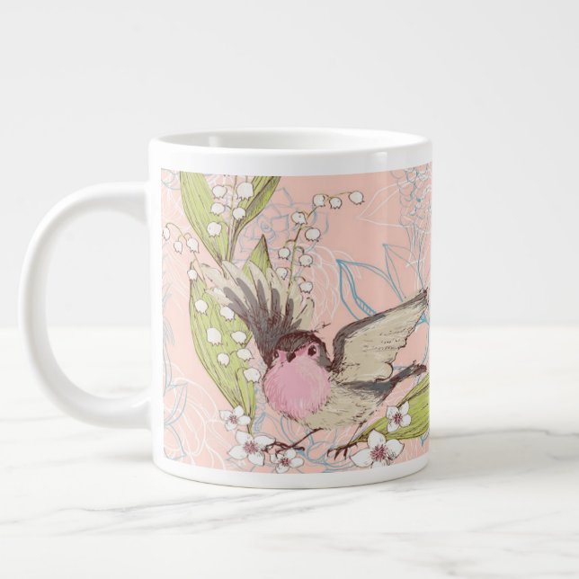 Caneca De Café Grande Mug Grande com Peach Floral Background & Bird (Esquerda)