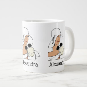 Caneca De Café Grande Mulher Art Déco Vintage com Flores Usando Chapéu C