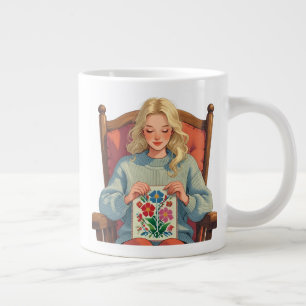 Caneca De Café Grande Mulher de Bordado Cruzado - Amante de Artesanato