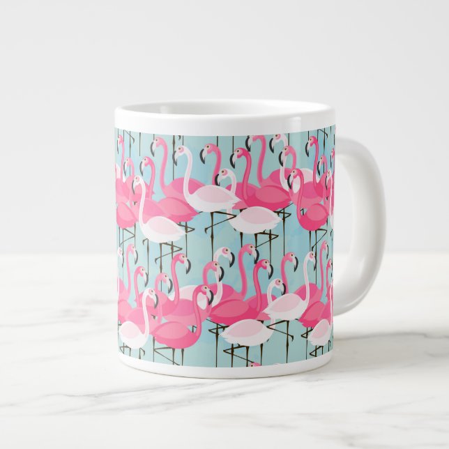 Caneca De Café Grande Multidão De Flamingos, Rosa E Branca (Frente Esquerda)