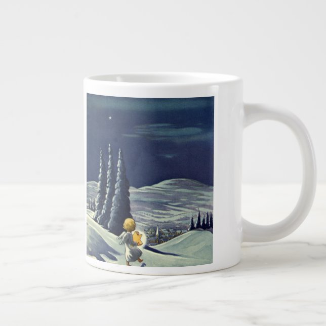 Caneca De Café Grande Natal Antigo, Anjo da Neve Caminhando com uma Estr (Direita)