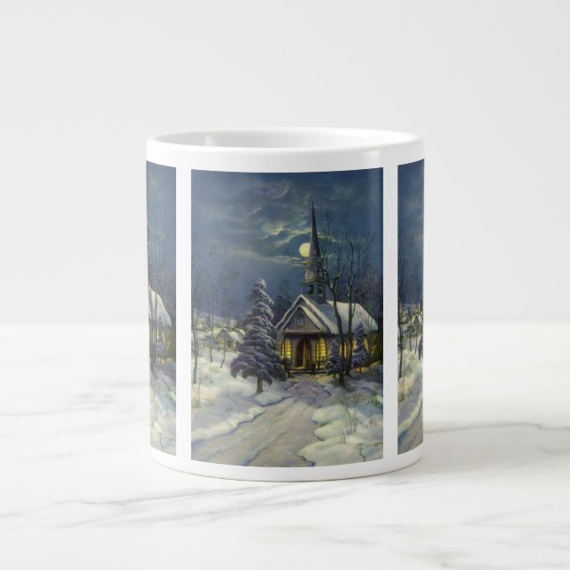 Caneca De Café Grande Natal Antigo, Igreja de Inverno na Neve com Lua (Frente)