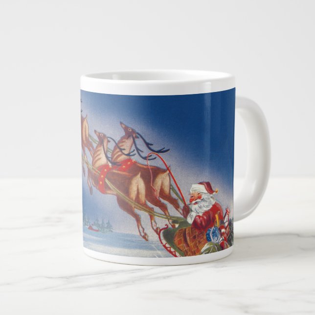 Caneca De Café Grande Natal Antigo, Papai Noel Voando Trenó com Rena (Frente Esquerda)