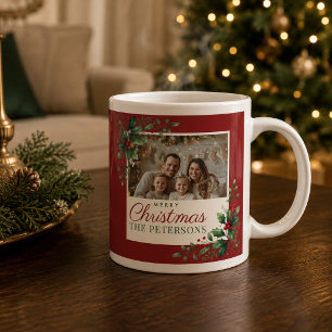 Caneca De Café Grande Natal Clássico Botânico Vermelho com Foto Personal