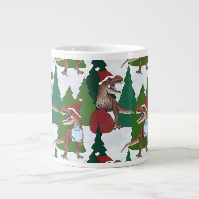 Caneca De Café Grande Natal do Dinossauro T-Rex Papai Noel (Frente)